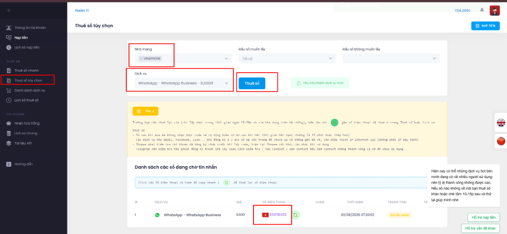 Giao diện thuê số WhatsApp trên ViOTP